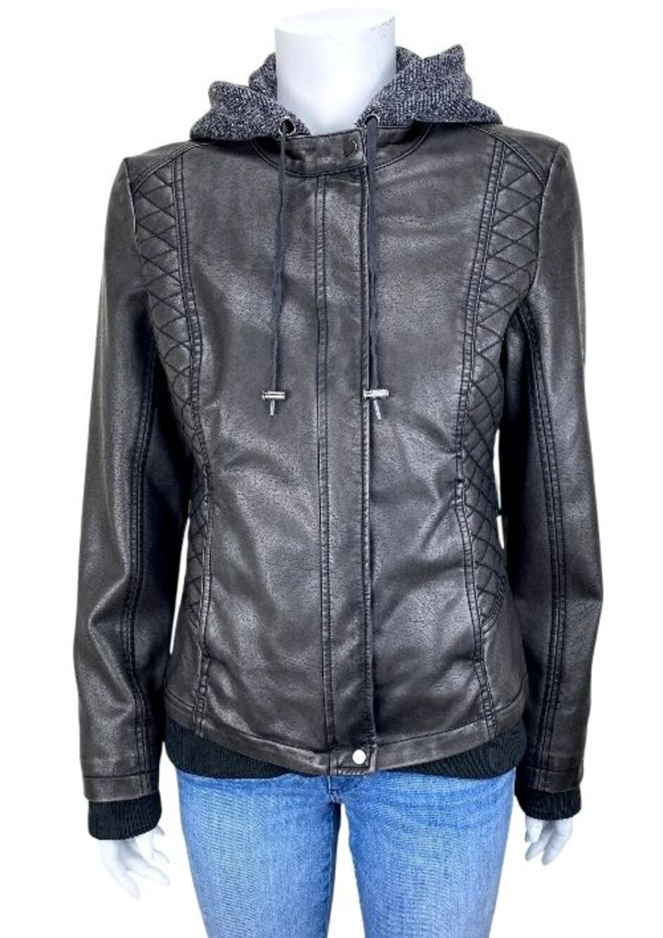 Stitch Fix Mo-Ka Womens Sz Large Gray Faux Leather Biker Jacket Meriam Knit Hood
